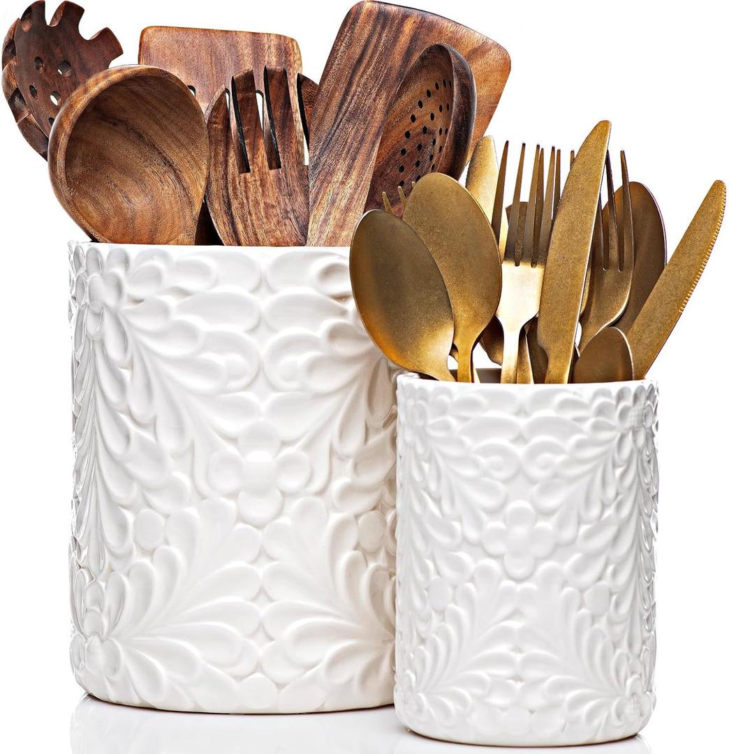 Large 7.3"+5.4" Engraved Ceramic Utensil Holder for Countertop, Cooking Utensils Organizer for Spatula, Large Utensils Crock for Kitchen Counter, Kitchen Decor, set of 2, White
