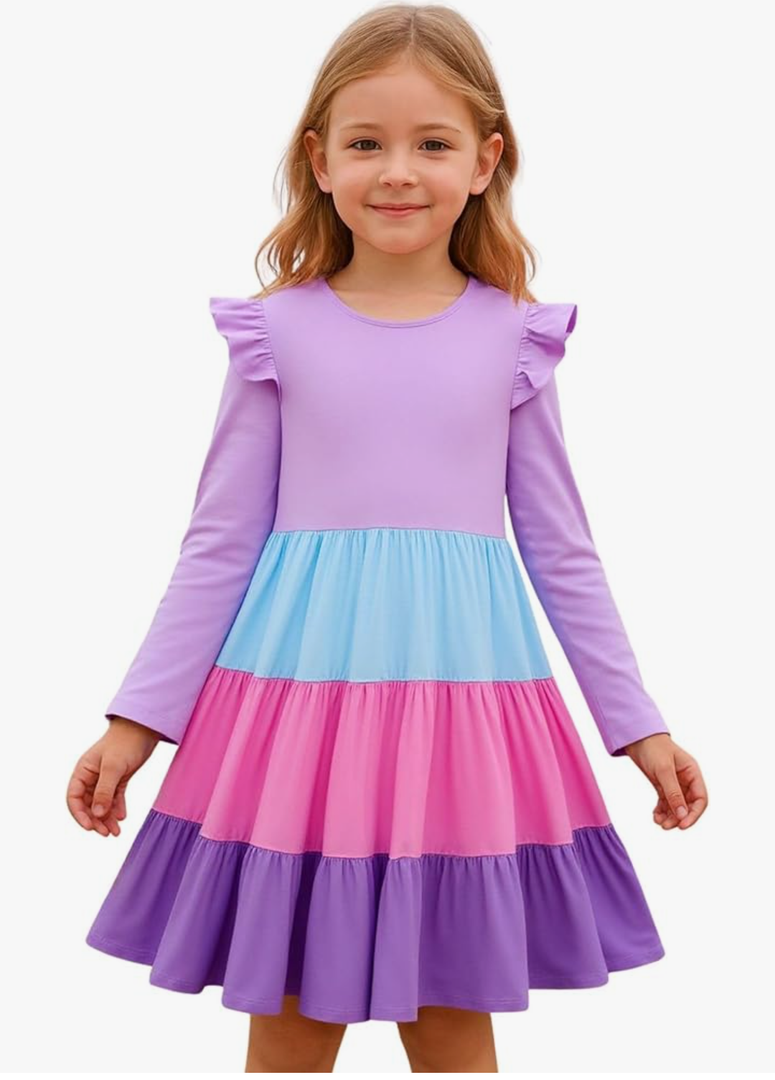 Girl Long Sleeve Dress Ruffle Rainbow Color Block Cotton Casual Tiered Pleated Twirly Dress 2T