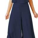 ROYLAMP Women's Summer 2 Piece Outfits Round Neck Crop Basic Top Cropped Wide Leg Pants Set Jumpsuits (Large, Navy Blue)