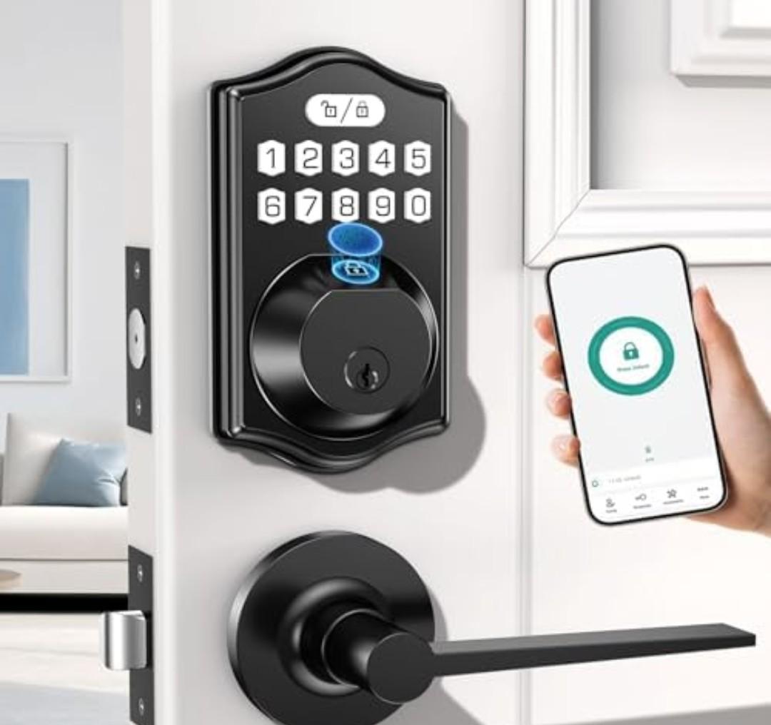 keyless Entry Door Lock deadbolt with Handle Set- Front Door Fingerprint Smart Locks with 2 Lever Handles-Keypad Code Deadbolt -App Control,Auto Lock,Easy to Install