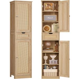 TEENFON 67" H Tall Storage Cabinet with 2 Rattan Doors and 1 Drawer, Narrow Rattan Cabinet with Adjustable Shelves, for Living Room, Entryway, Kitchen, Natural