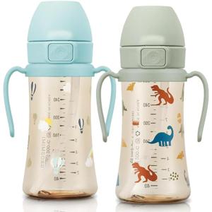 GROSMIMI Flip Top Spill Proof Sippy Cup, PPSU, BPA Free, 10 oz, Stage 2 Straw for Toddlers, 2-pack (Air Balloon & Dinosaur)