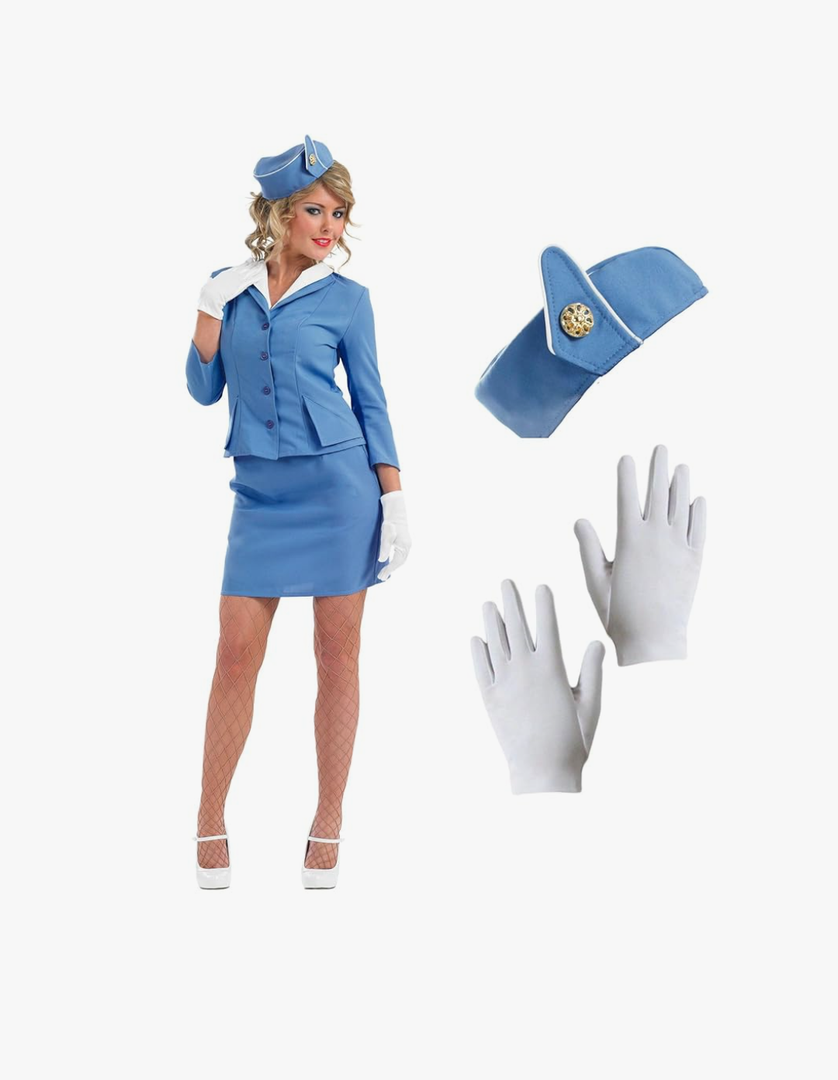 fun shack Flight Attendant Costume Women Blue, Retro Airline Stewardess Outfit with Hat & Gloves S