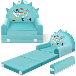 Dinosaur Kids Sofa Bed with Removable Washable Cover & Magic-Tape Backrest Foldable Toddler Chair Kid Couch, Cozy Crystal Velvet Furniture for Playtime, Naps & Travel (Soft Ggreen, Dino Design)
