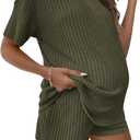 SweatyRocks Women's Maternity 2 Piece Outfits V Neck Short Sleeve Top and Elastic Waist Shorts Set (X-Large)