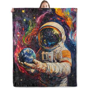 Galaxy Astronaut Blanket, Cozy Vibrant Cosmic Scene Throw Blanket for Couch Bedroom Outdoor, Lightweight Soft Flannel Travel Blankets, Gifts for Men Boys Space Lovers, Home Cabin Decor 50"60"