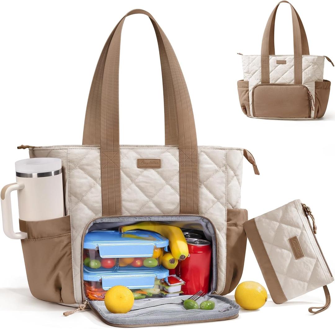 Puffer Lunch Tote Bag for Women, 15.6 Inch Laptop Work Bag with Insulated Lunch Compartment & Large Cup Holder, Lightweight Quilted Puffy Lunch Box Purse for Teacher Nurse Travel Office Daily School (Khaki)