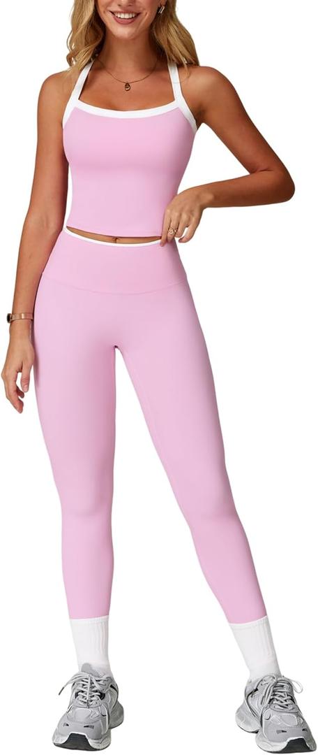 QBGJTD Womens Workout Sets Two Piece Cross Back Tank Top Matching High Waist Leggings Sets Gym Outfits Work Out Clothes (Small, Colorblock Pink)