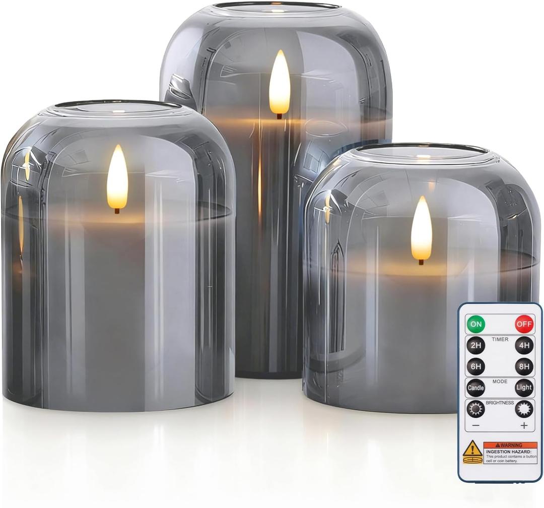 Homemory Glass Flameless Candles, Battery Operated Plliar Candles Realistic Flickering, LED Electric Light with Remote and Timer for Home, Christmas Decoration, Gray, Set of 3 (D4"xH4"5"6")