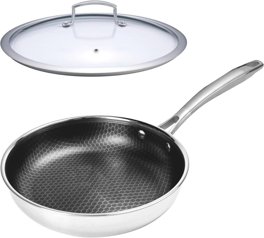 Crucible Cookware Hybrid Nonstick Frying Pan, 11-Inch, Tri-ply Stainless Steel + Tempered Glass Lid, Compatible with All Cooktops