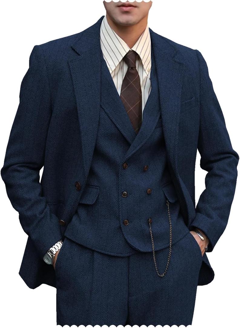 Mens Formal Tweed Wool 3 Piece Wedding Slim Fit Suit Prom Tuxedos Groomsmen (Blue, L)