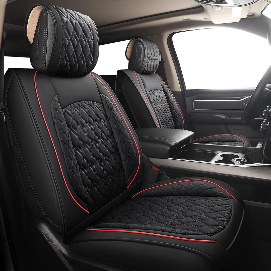Car Seat Covers for Dodge Ram Full Set,Fit Ram 2009-2026 1500/2500/3500 Pick-up Truck,Crew,Regular,Quad,Mega Cab,Waterproof Leather Seat Covers Protectors（5 PCS Full Set,Black/Red）