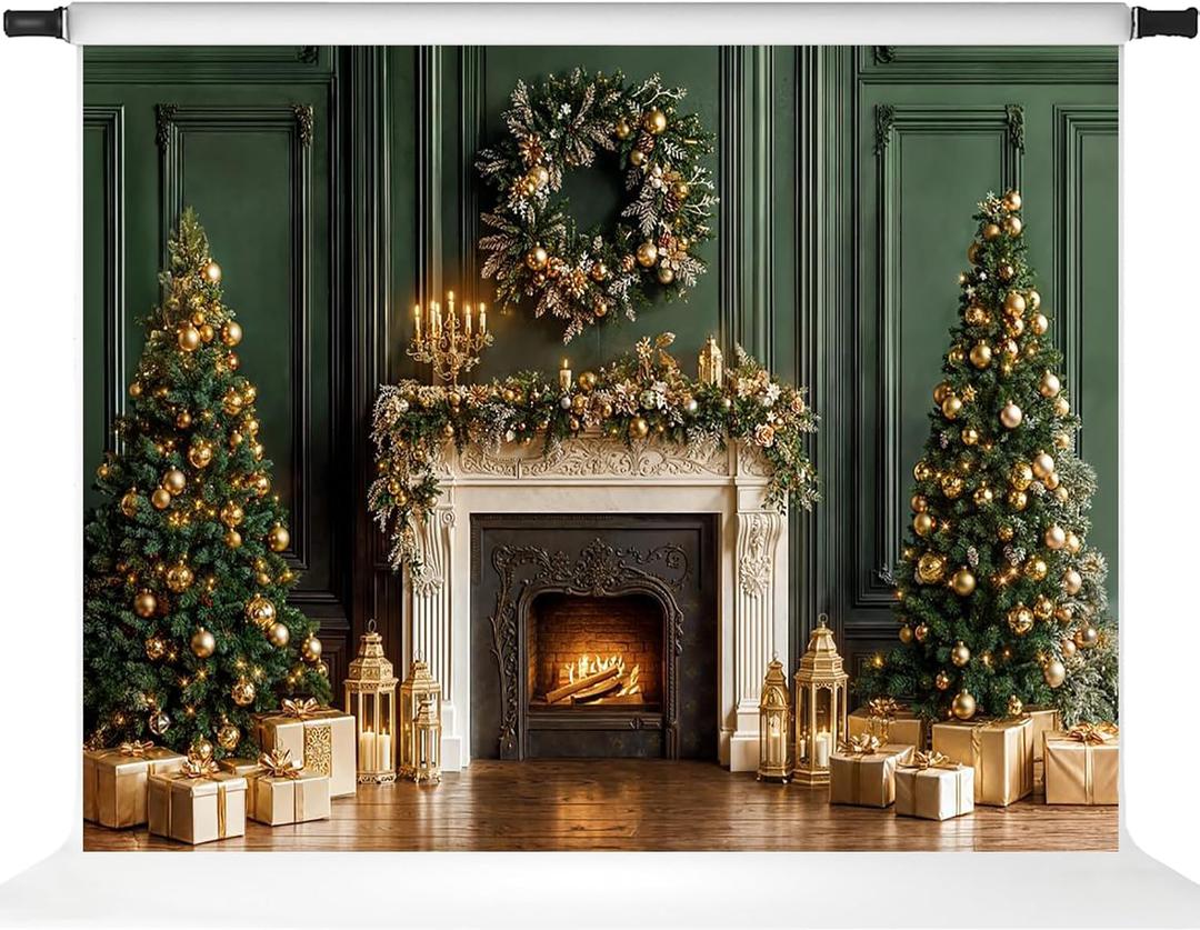 Kate Christmas Backdrops Green Interior Wall Fireplace Xmas Trees Backdrop Party Supplies Props, 7x5ft