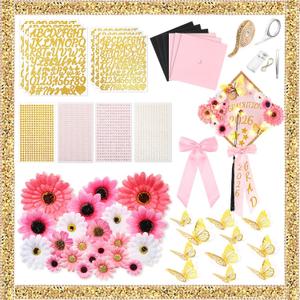 Wavwavw 59 Pcs DIY Graduation Cap Decorations Kit, Pink 2026 Grad Cap Decor with Lights Included Bow Faux Daisy Flowers 3D Butterfly Pearl Letters Stickers Construction Paper for DIY Grad Hat Topper
