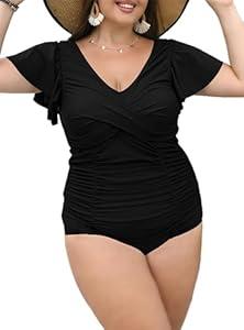 Curvtide Women's Plus Size Swimsuit for Women Bathing Suits One Piece Swimsuit Women Tummy Control Plus Size Swimsuit Cap Sleeve Bathing Swimsuits （Black，3XL）