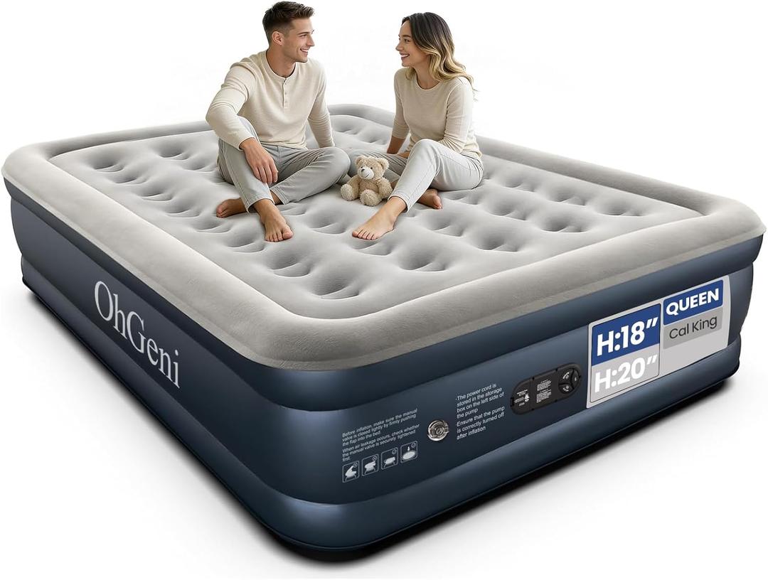 OhGeni Air Mattress Queen with Built in Pump, Ideal Alternative to a Bed, Blow Up Colchones Inflables Mattress for Guests, Portable Air Mattresses, 18" Raised Elevated Air Bed for Camping, Dark Blue