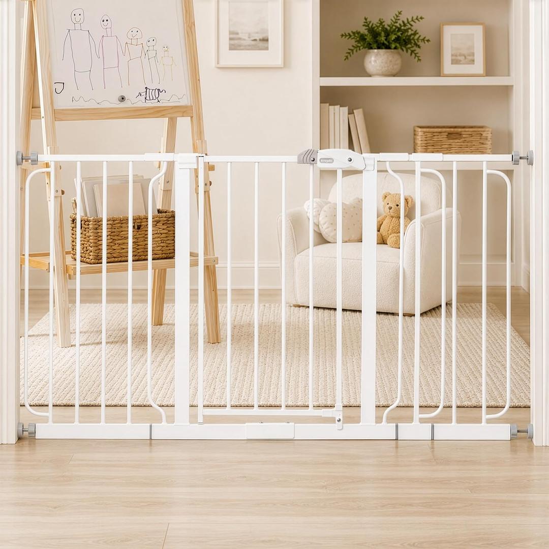 Regalo Safety 29"-41.5" Extra Wide Baby Gate, Bottom of Stairs & Doorways Pressure Mounted with Door, For Babies, Toddlers & Pets, White, Tested & Trusted for 30 Years