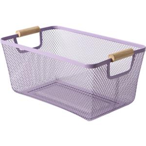 AJIODA Metal Mesh Steel Basket, Medium Wire Storage Organizer Basket Multi-function Hanging Kitchen Basket with Wood Handle for Kitchen Bathroom Picnic Home, Rectangle-Purple