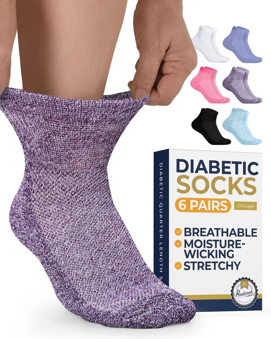 Pembrook Ankle Diabetic Socks for Women & Men | 6 Pairs | Wide Non Binding Socks Quarter Length | Edema Neuropathy Socks, L