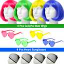 Colored Bob Wigs with Heart Sunglasses and Hair Cap- 4 Sets | Pink Blue Yellow Green Short Neon Bob Wig with Bangs Colorful Funny Hair for Women Men Costume Party Favors