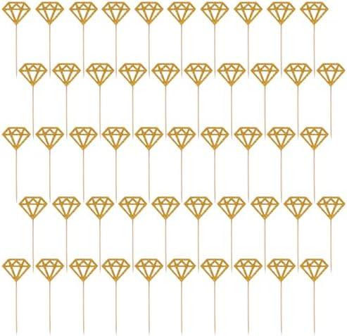 50 Pack Diamond Ring Cake Toppers Glitter Bridal Shower Cupcake Toppers Toothpicks for Wedding Engagement Anniversary Valentines Party Decorations (Gold)