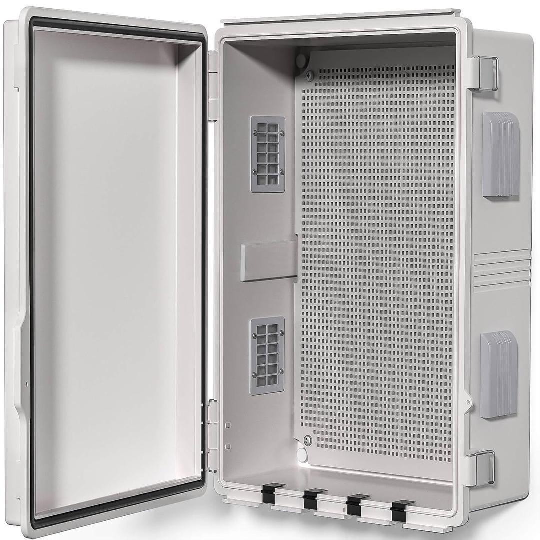 Electrical Junction Box, Ventilated Design, Cable Grommets, Indoor/Outdoor Use with Mounting Panel & Hinged Cover. Waterproof IP 65. (Grey Cover, 17.7"x13.7"x7.9")