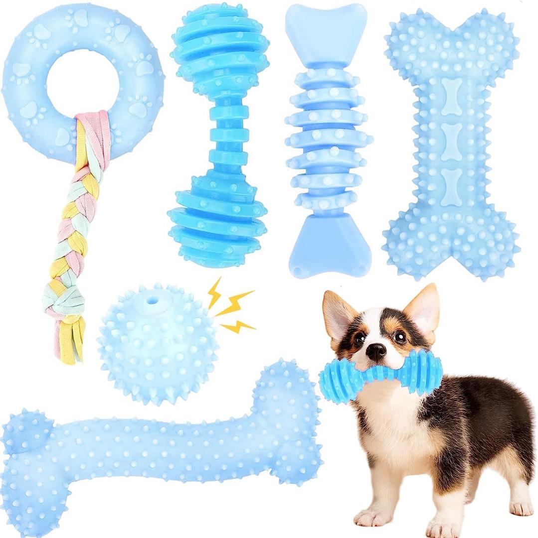 Puppy Toys, 6 Pack Dog Chew Toys for Puppy, Cute Blue Small Dog Toys, Teething Toys for Puppies, Soft Durable Interactive Chew Toy for Small Dogs