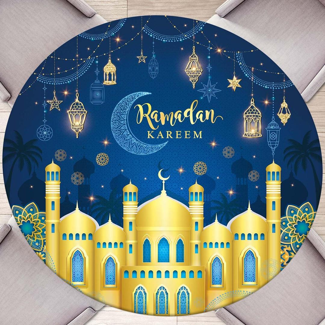 Ramadan Round Fitted Tablecloth with Elastic Edge Waterproof Washable Gold Moon Star Table Cloth Fit 44"-48" Round Table Cover Eid Mubarak Decor for Kitchen Dining Picnic Outdoor Party (Blue)