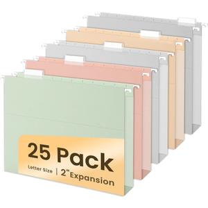 SUNEE Hanging File Folders Letter Size, Pastel Colors, 25 Count Letter Size File Folders with 1/5-cut Tabs, Heavy Duty 2 Inch Expansion, Stay Organized for Your Home and Office Bulk File