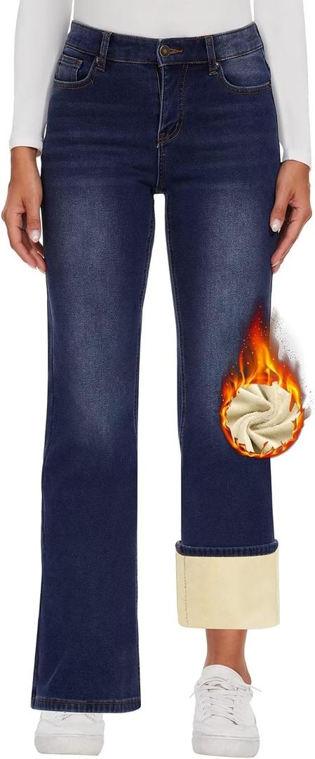 KDF Fleece Lined Jeans Women High Waisted Wide Leg Baggy Jeans for Women Winter Lined Jean Pants (18, Navy Blue_Fleece)