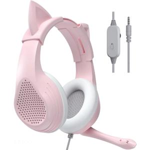 Pink Cat Ears Gaming Headset with Microphone for PS4 Xbox One PS5 Controller, Over Ear Wired Headphones with Mic for PC Computer Mac Laptop and Consoles