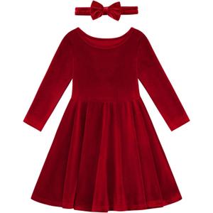 Toddler Girl Fall Winter Clothes Velvet Long Sleeve Swing Twirl Skater Dress with Hairband Baby Christmas Outfit  (4-5T, Bright Red)
