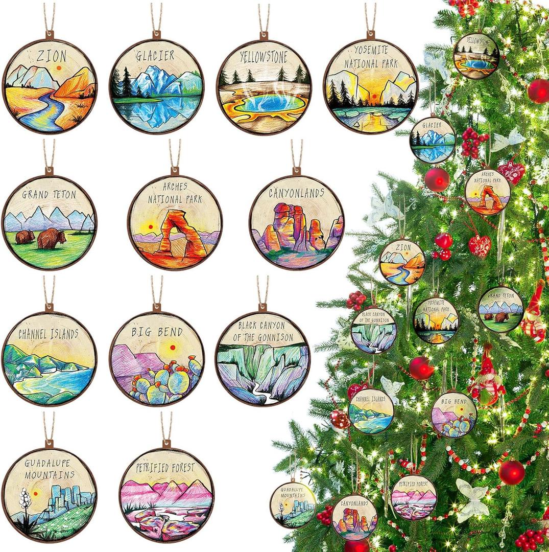 33 Pieces National Park Christmas Ornament Christmas Park City Wood Xmas Decorative Hanging Ornaments for Holiday Tree Decor(Elegant)