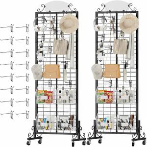 Urban Deco 2 Packs Grid Wall Panel Display Stand, 2.2' x 6.2' FT Gridwall Panel with Extra 16 Hooks, Craft Show Display Rack Black Metal Grids Standing Wire Rack for Retail Merchandise
