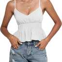 2 x LYANER Women's V Neck Elastic Waist Pleated Ruffle Hem Sleeveless Strappy Crop Cami Top (White, XL)