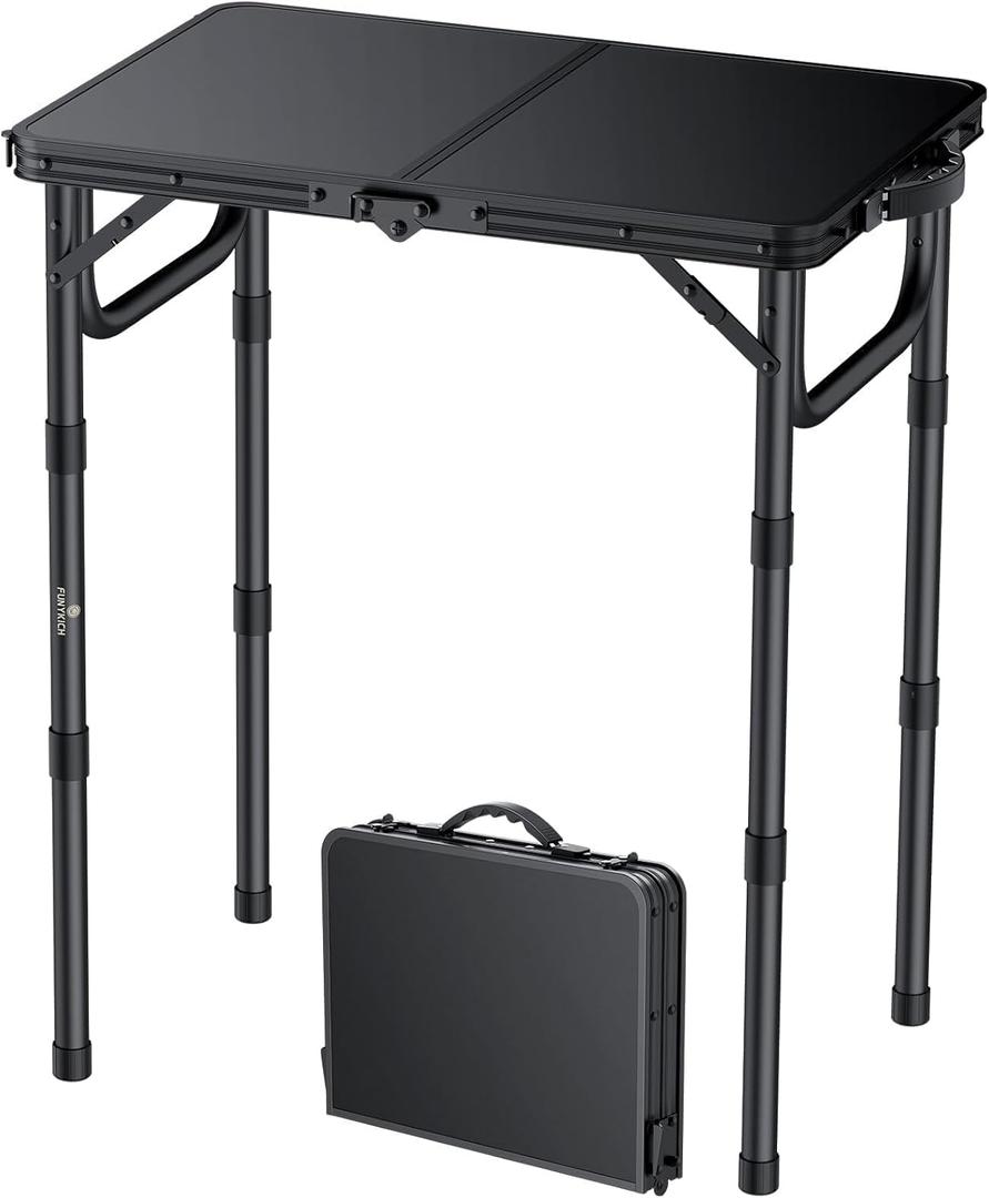FUNYKICH 2ft Small Folding Camping Table(22.8'' Lx15.7'' W), 3 Height Adjustable Portable Picnic Table, Lightweight Aluminum Outdoor Table with Carry Handle for Camping, BBQ, Beach, Picnic, Black