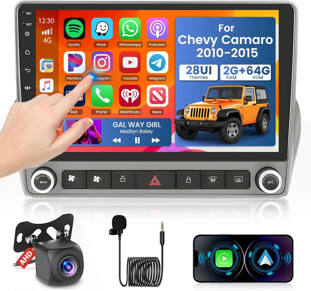 for Chevrolet Chevy Camaro 2010-2015 Fuluku 2+64GB Android 13 Car Stereo with Wireless Carplay Android Auto, 9 inch IPS Touch Screen Dash Kit GPS Navigation WiFi Bluetooth SWC Mic Backup Camera