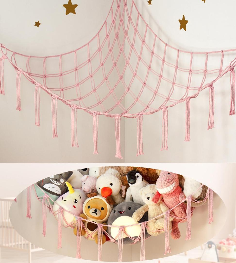 Stuffed Animal Storage Hammock Corner Net - Pink Room Christmas Decor for Teen Girls - Toys Storage Hanging Stuff Animal Organizer Holder Cute Stuff - Boho Nursery Dorm Bedoom Decor Aesthetic, 41.5"L x 55.2"W x 41.5"H