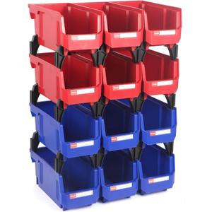 Stackable Storage Bins 12 Pack (11x5x5 Inch), Plastic Stackable Storage Organizer Bins Wall Mounted Hanging Samll Parts Bin for Garage, Workbench & Office (Blue & Red)