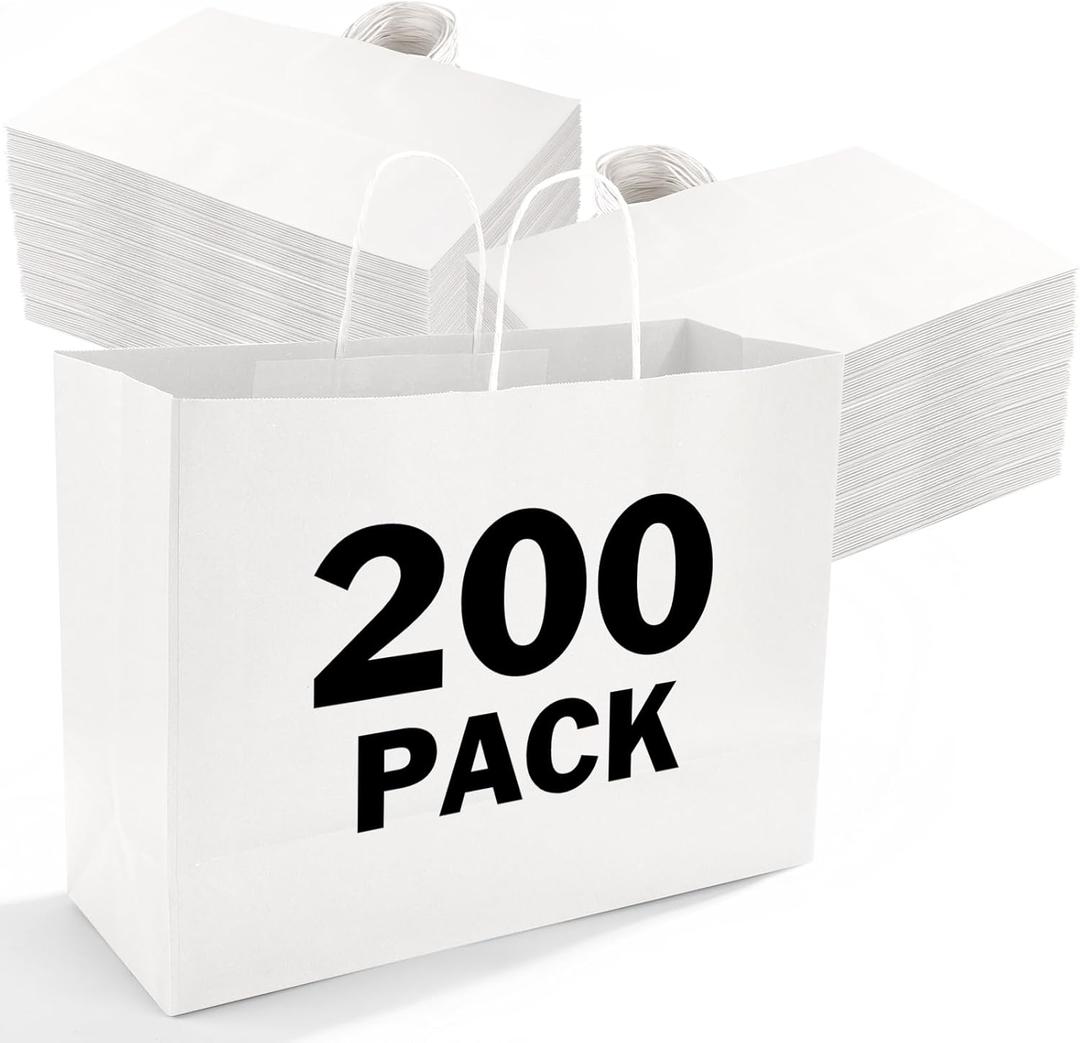 White Large Paper Bags, 200 Pcs 16x6x12 Paper Gift Bags with Handles, 1 Count