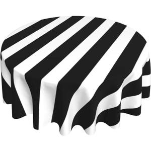 Black White Stripes Round Tablecloth 60 Inch Washable Reusable Decoration Table Cover for Kitchen Party
