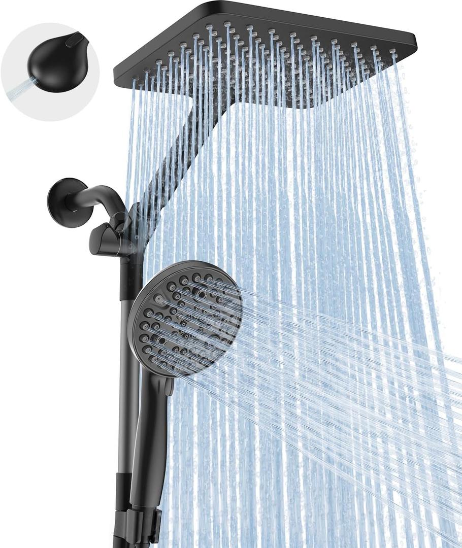 Dual Handheld Shower Head Combo, 2-in-1 Rain Shower Heads System Wide Rainfall Shower Head and 10 Modes High Pressure Hand Held Showerhead with Built-in Power Wash, Black