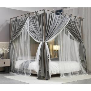 4 Corners Post Princess Curtain Bed Canopy Double Layer Cozy Mosquito Net Mesh and Cloth for Girls Adults Bedroom Decoration (Double-Grey/White, 64" W*82" L*82"*H/(Queen))