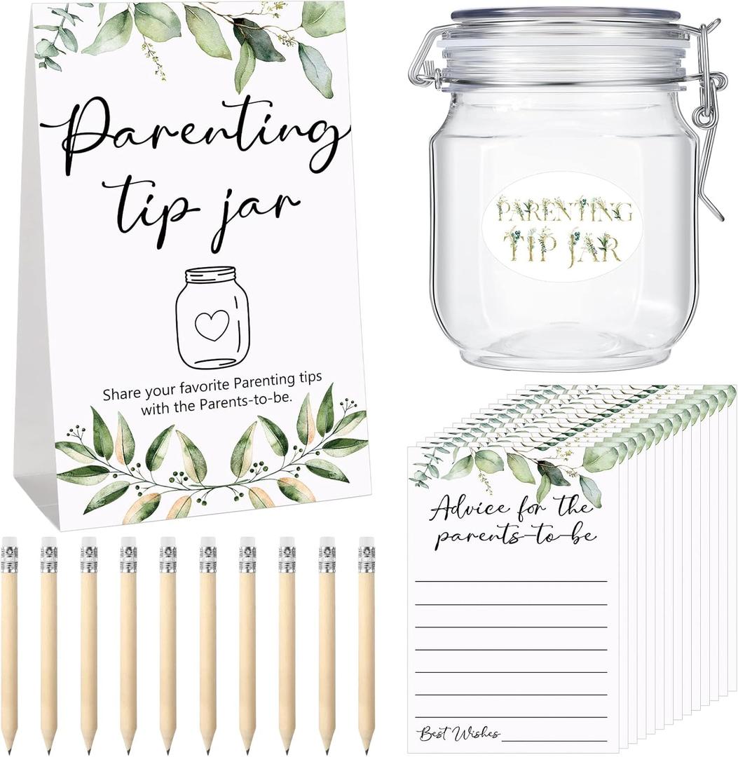 Roowest Baby Shower Advice Cards for New Parents to Be - Tip Jar Sign for New Parents 60 Parenting Advice Cards 10 HB Pencils 2 Cute Stickers 1 Pet Bottle for Guests Games(Leaf)