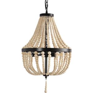 3-Light Plug in Chandelier Dimmable and Timer Mini Wood Beaded Bohemian Pendant Light Fixture with 16.4ft Swag Cord,Black Metal Finish Natural Color Beads,Dining Room,Living Room,Foyer,Bedroom