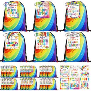ceiba tree 24Pcs End of Year Student Gifts Bulk Colorful Drawstring Bags with Cards from Teacher Last Day of School Year Kindergarten Preschool Graduation Summer Treat Bags Classroom Party Favors