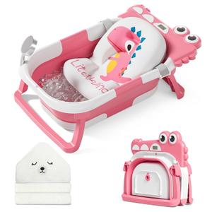 MoreFeel Collapsible Baby Bathtub for Newborn with Thermometer & 1 Hooded Towel & 1 Soft Floating Cushion,Portable Travel Bathtub with Drain Hole, Durable Foldable Baby Tubs for Infants to Toddler (Pink)