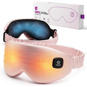 100% Silk Wireless Heated Eye Mask with Cooling - 3 Heat Settings, for Dry Eyes, Puffiness & Dark Circles - Adjustable, Washable, Travel-Friendly (Pink)
