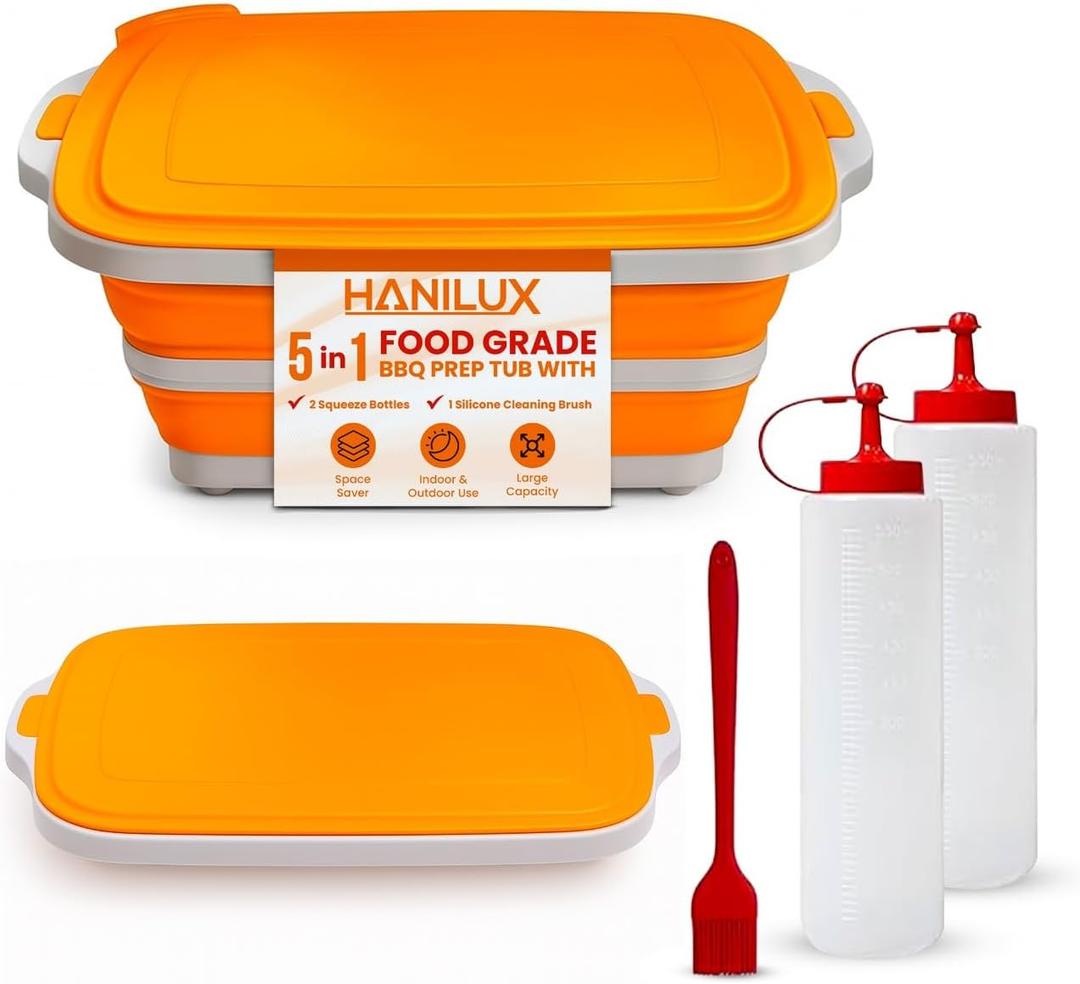 Collapsible BBQ Prep Tub With Lid, Meal Prep, Marinating Container, BBQ Tub-Multi Function (8) L Tub With Cutting Board & Lid , Include 2 Squeeze Bottles &1 Silicone Cleaning Brush for Picnic-Camping-