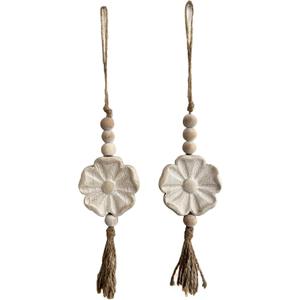 2pcs Carved Floral Tassels with Farmhouse Wood Beads - Multi-Functional Wall Decor Tray Home Decoration (Natural)